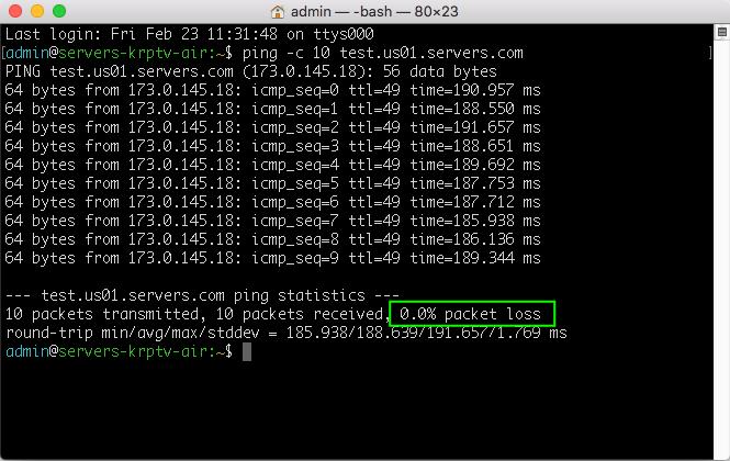 Network ping test with no packet loss