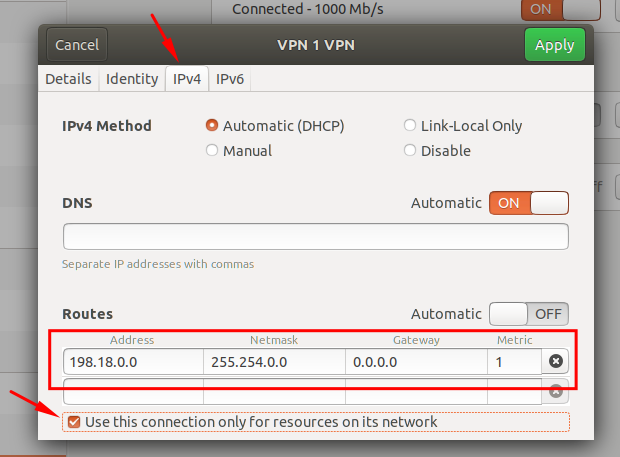 Go to IPv4 tab and scroll down to routes