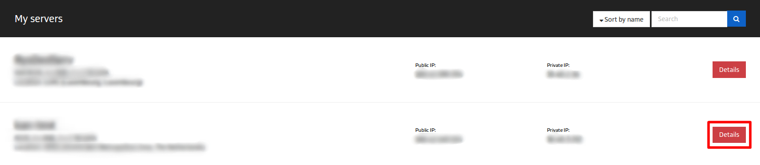Web interface showing a list of servers with details blurred