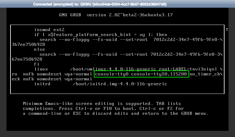 GRUB bootloader screen with kernel boot parameters highlighted