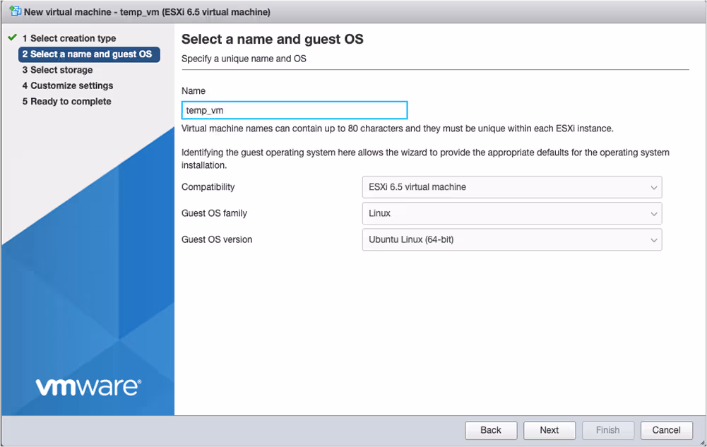 select a name and guest OS
