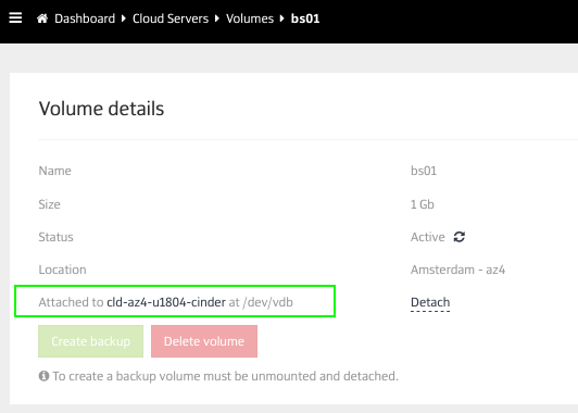 Screenshot of our customer portal showing where to attach a volume. 