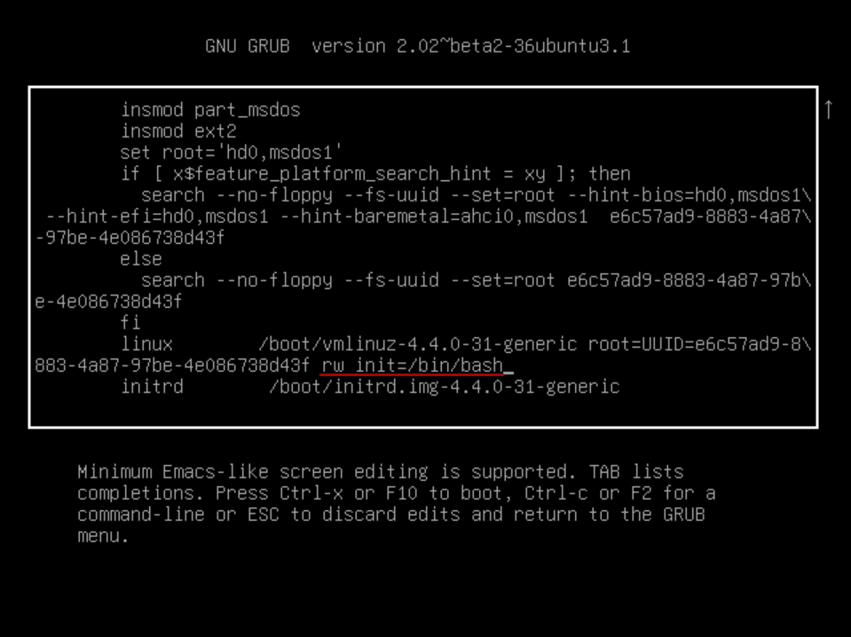 GRUB bootloader configuration screen with command lines