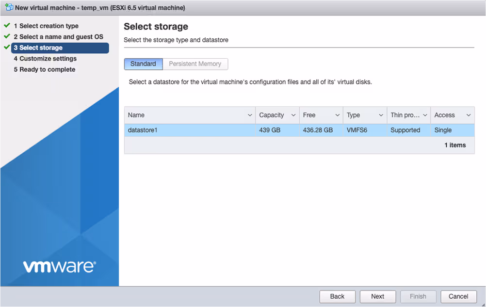 select storage type and datastore
