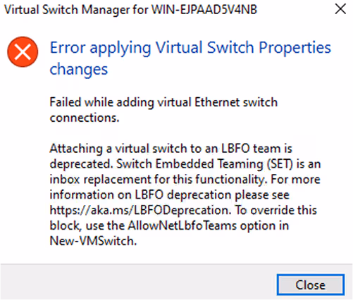 error applying virtual switch properties changes