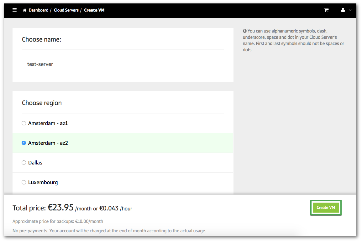 Cloud VM creation form with pricing and region options