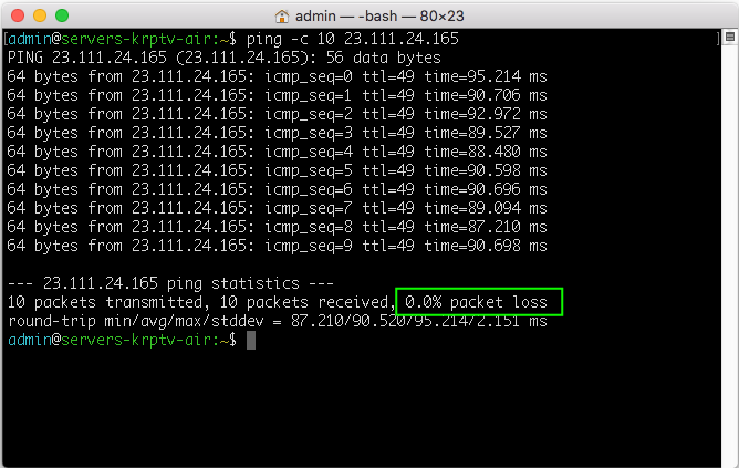 Network ping test showing zero packet loss and timing details