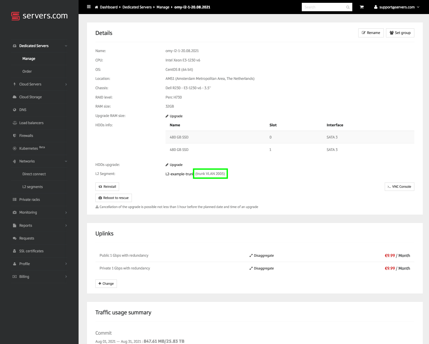 Dedicated server details interface with VLAN configuration