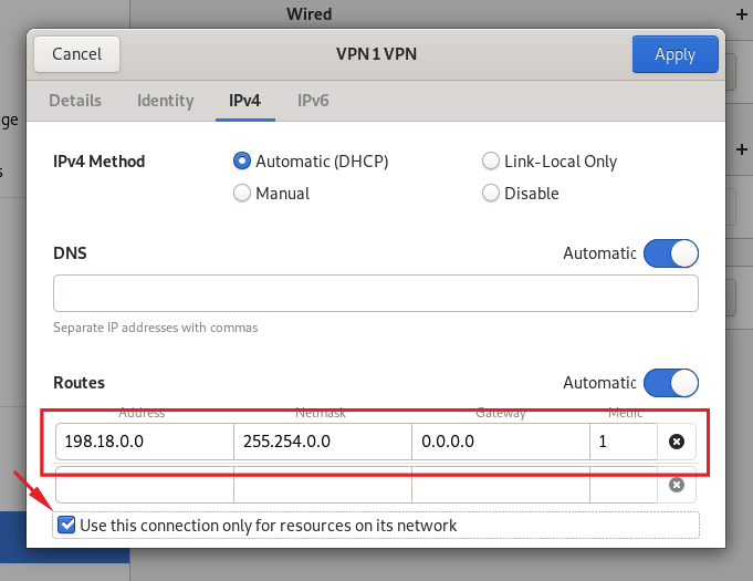 Go to the IPv4 tab and scroll down to Routes