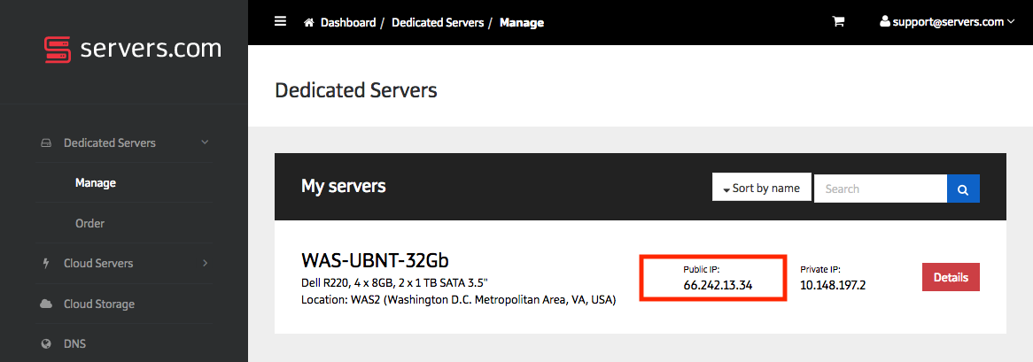 To point your domain name to your dedicated server's public IP address