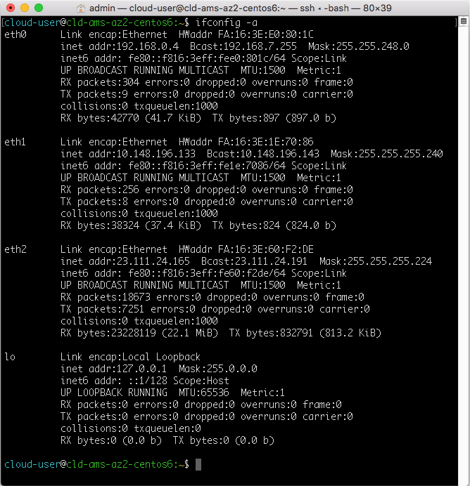 Terminal output showing network interface configuration with IP addresses