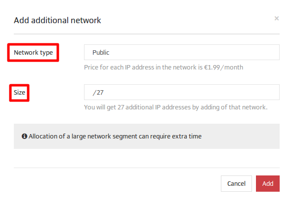 Adding a public network dialog box