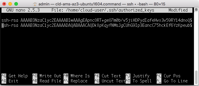 Nano text editor displaying SSH authorized_keys file