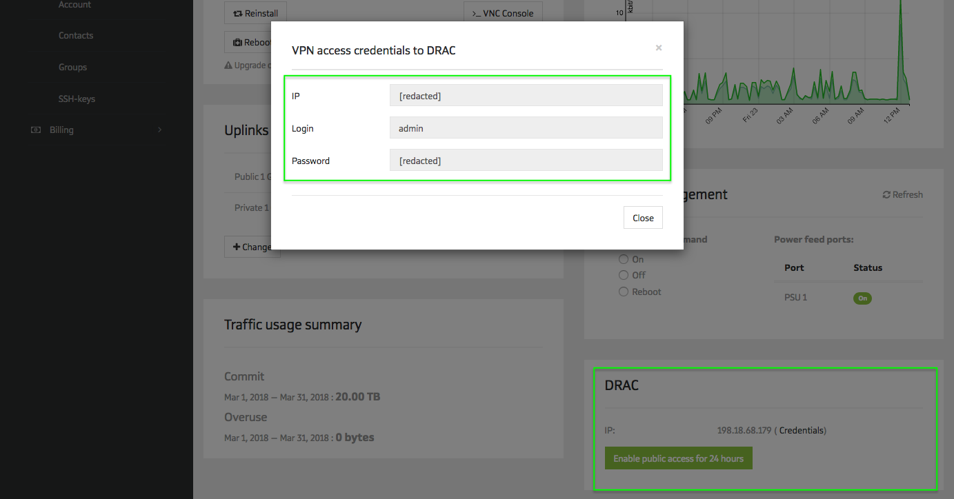 Each server's iDRAC credentials can be found on a server's details page in the Customer Portal