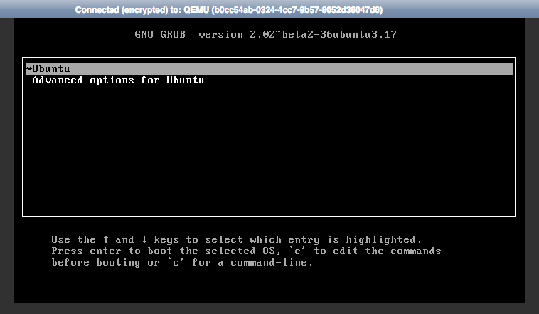 GRUB bootloader with Ubuntu selected for booting