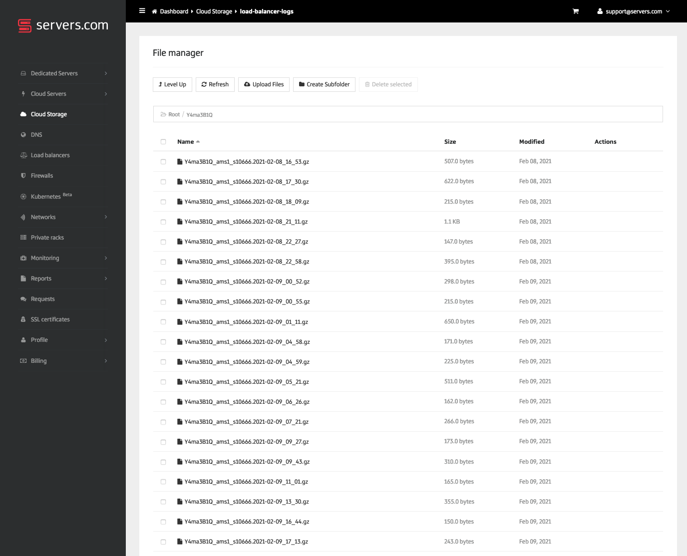 Cloud storage file manager with a list of log files