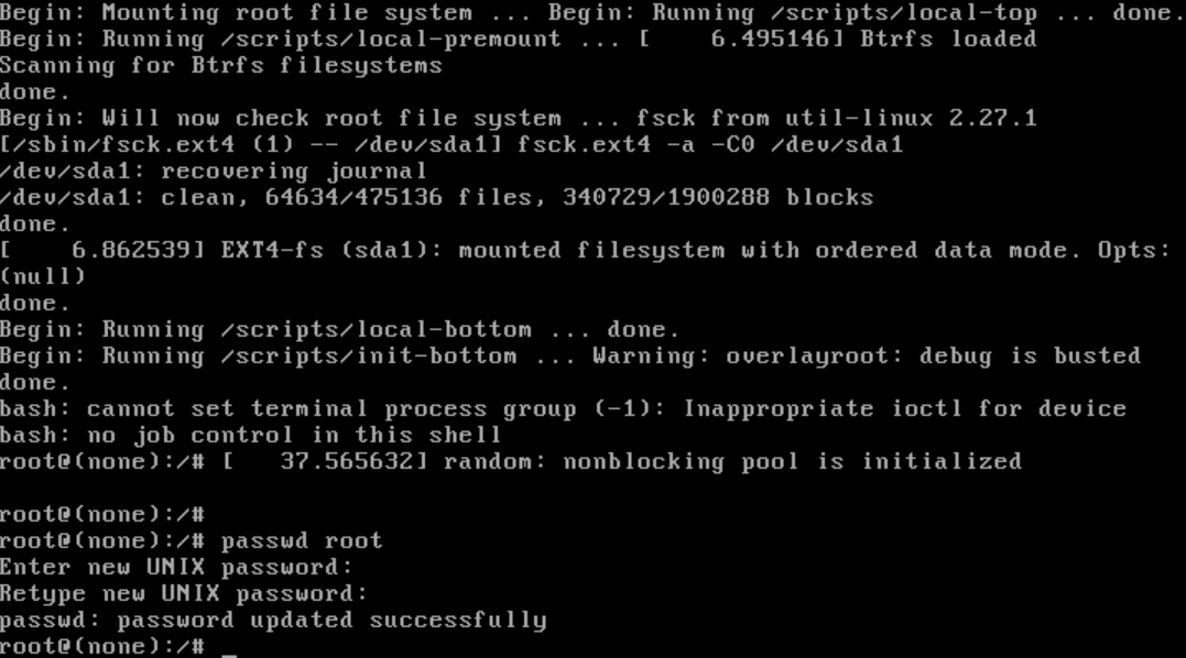 Command line interface showing filesystem checks and password update