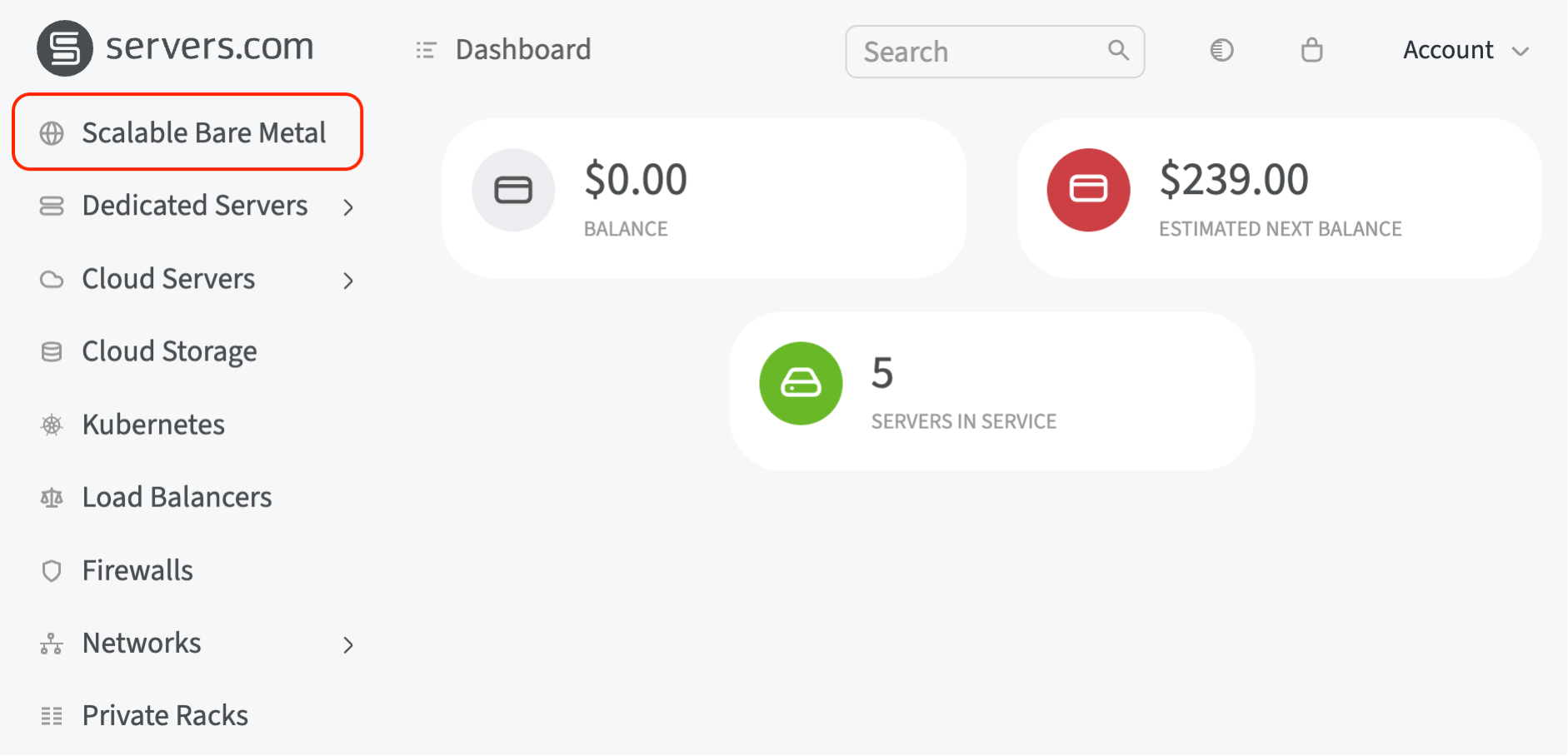 scalable bare metal menu in client dashboard