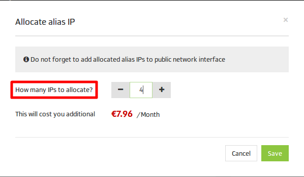Dialogue box for allocating alias IP addresses with pricing