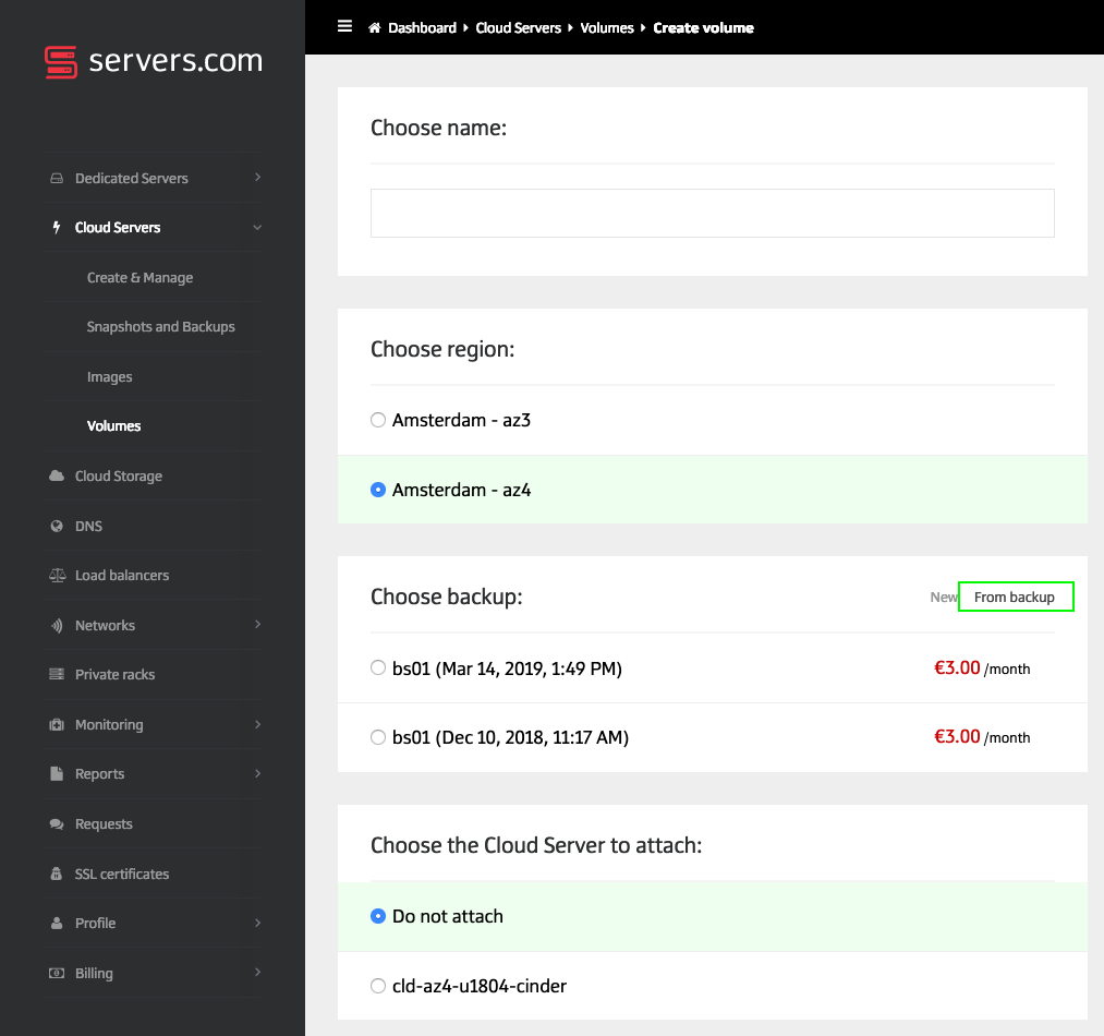 A screenshot of our customer portal showing how to restore a backup to a new volume. 