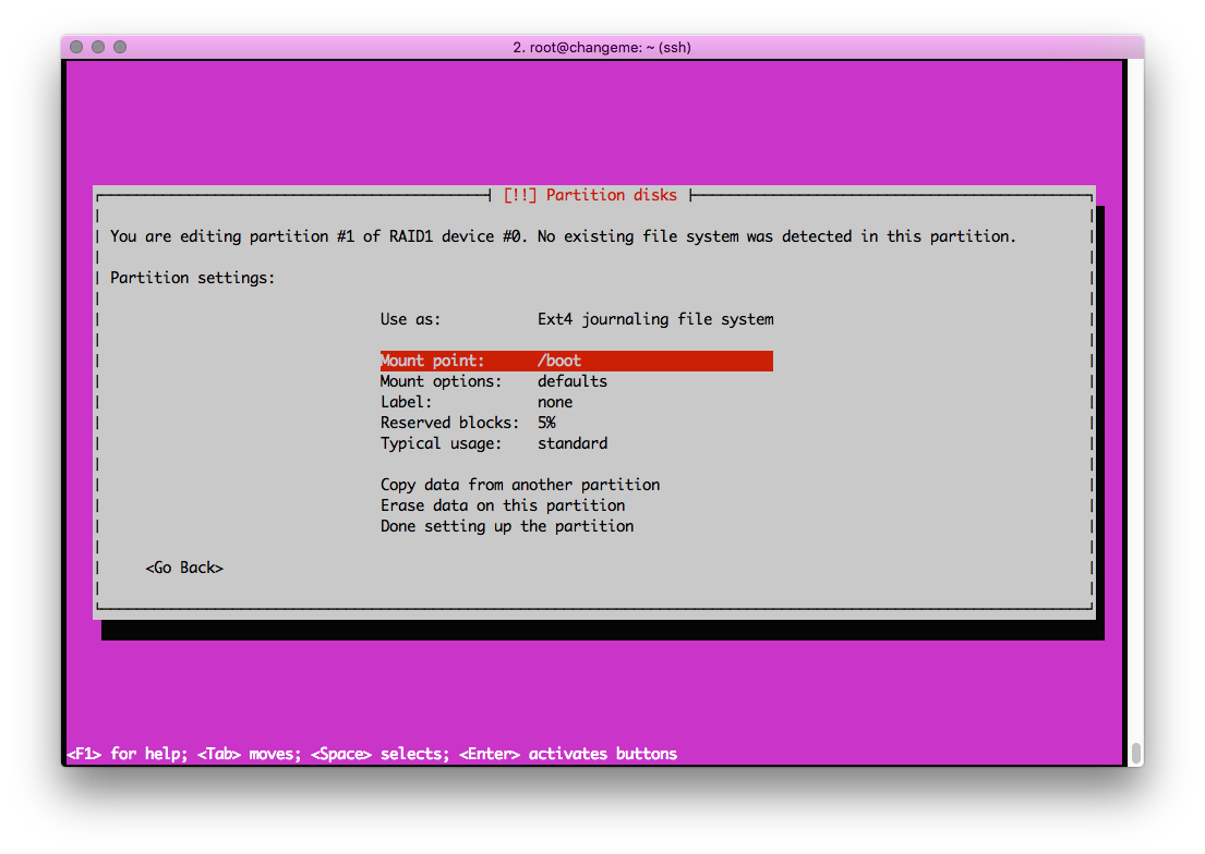 Terminal screen for RAID device partition editing