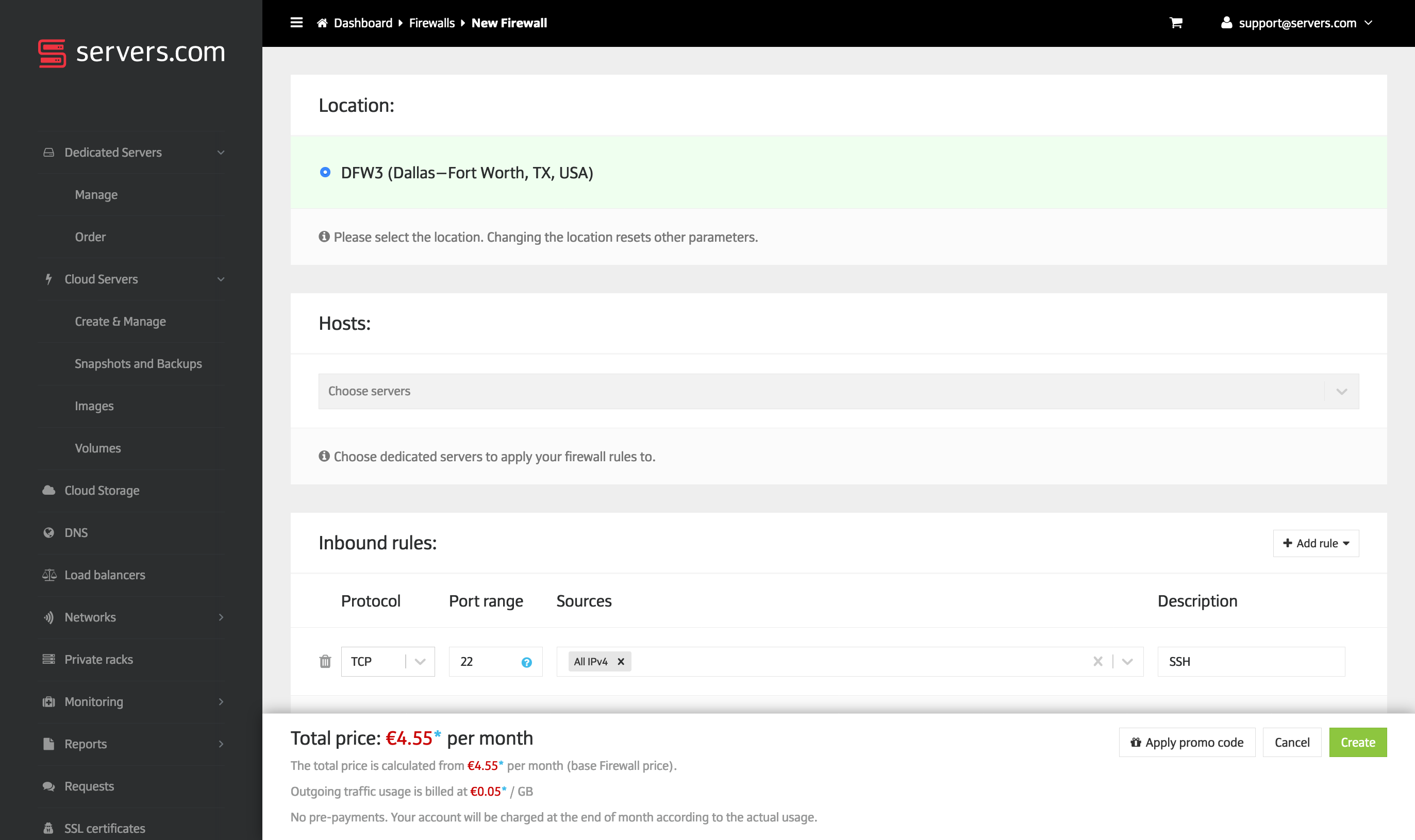 Firewall settings interface on servers.com with location and pricing