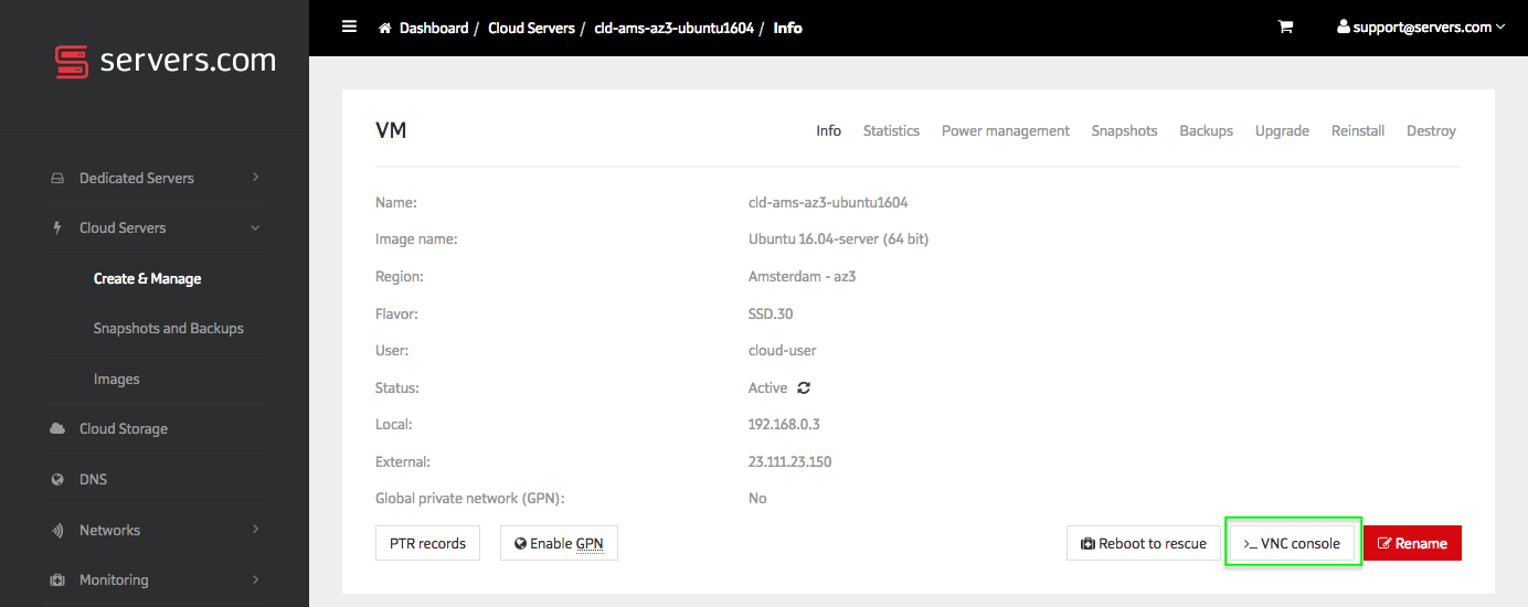 Virtual machine information panel on servers.com with VNC console option