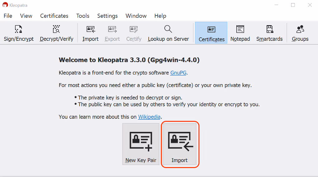 click import in Kleopatra