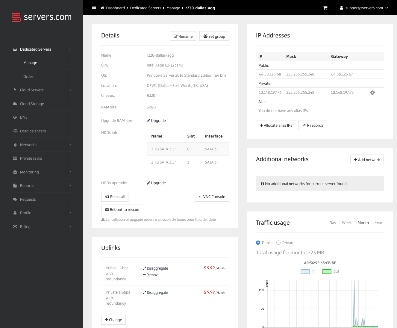 servers IP addresses and gateways in the Customer Portal