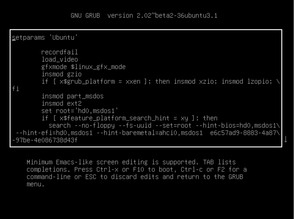 GRUB bootloader editor with Ubuntu boot parameters
