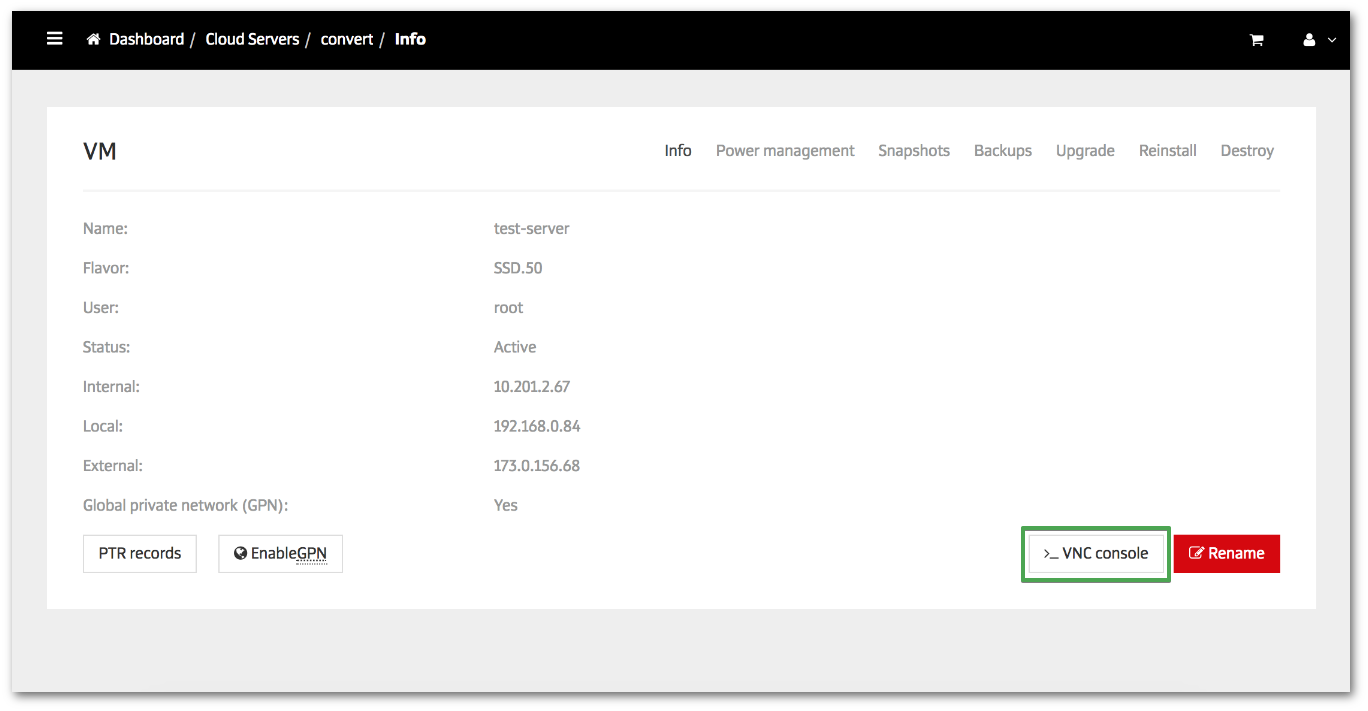Cloud server management interface displaying VM details and GPN status