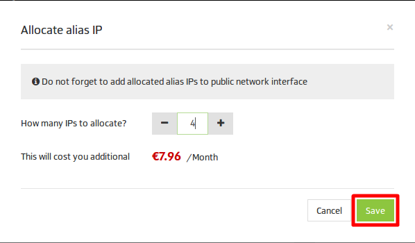 Web interface for allocating alias IP addresses with cost detail
