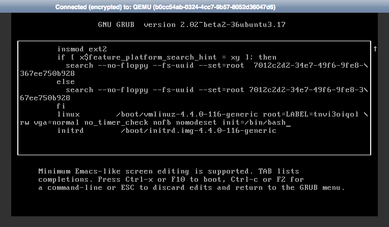 GNU GRUB bootloader configuration interface on a terminal