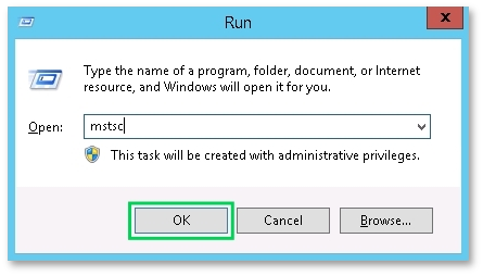 Windows run dialog box prompting for remote desktop connection