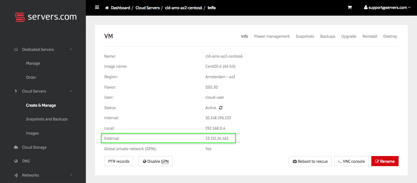 Cloud server management dashboard displaying network information