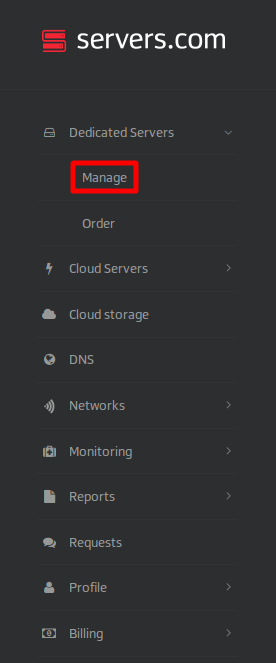 servers.com sidebar menu with manage option