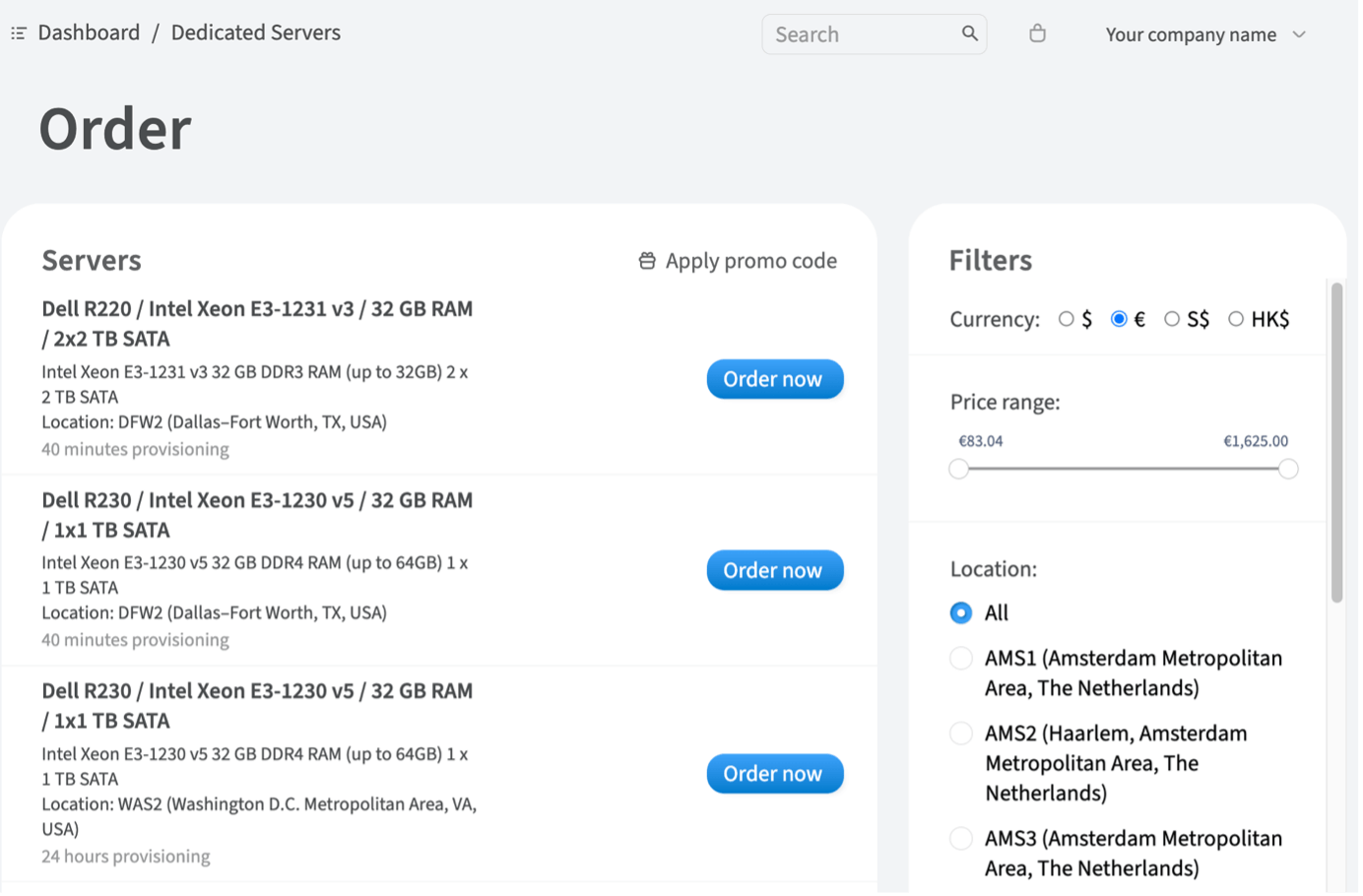 dedicated servers dashboard