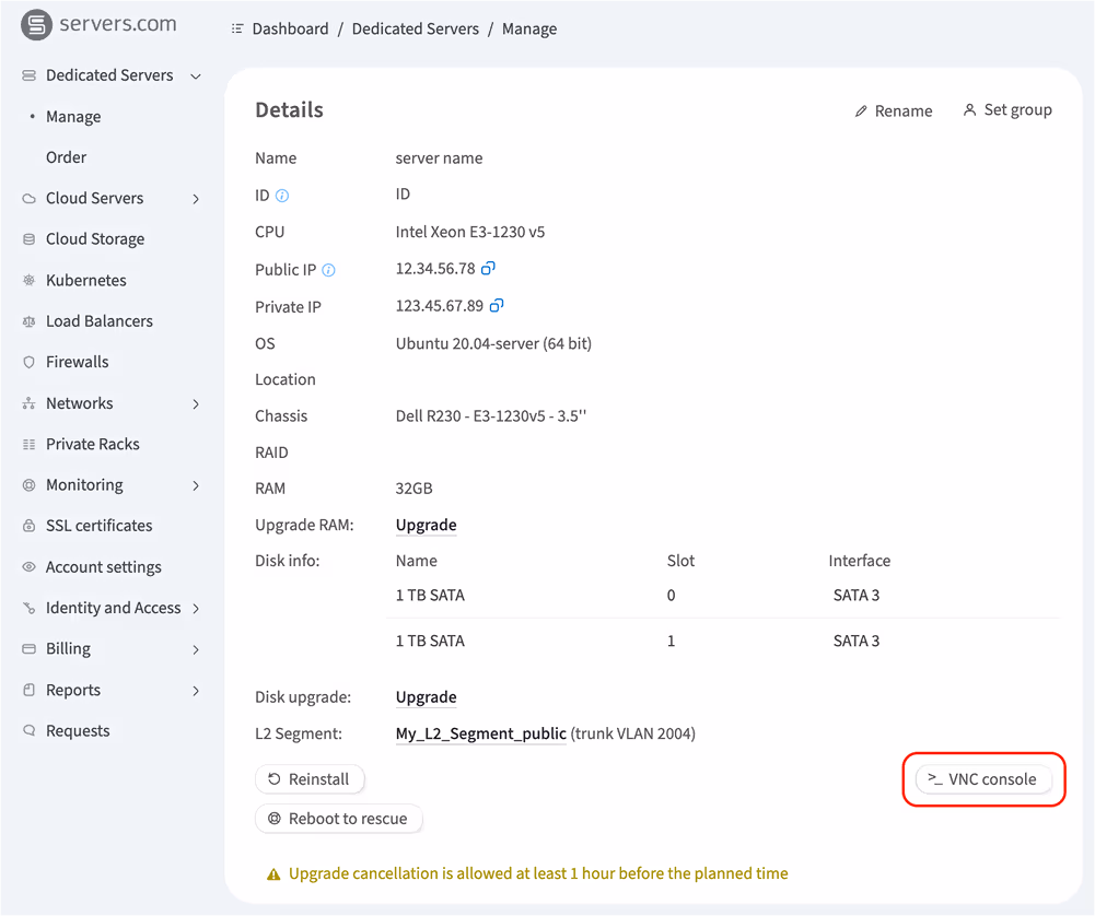 Use VNC console from customer portal