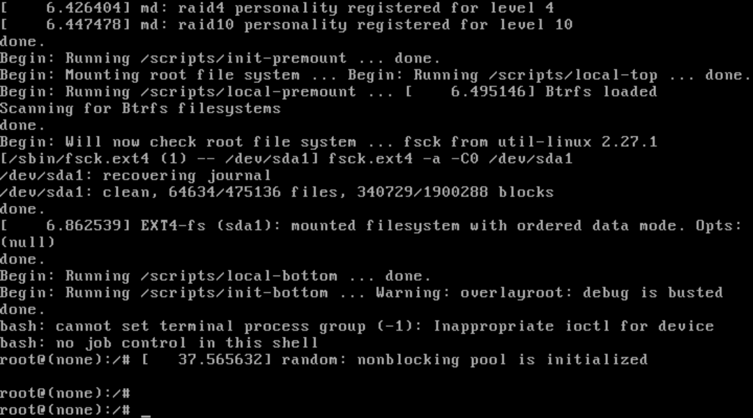 Terminal screen with Linux boot process and file system check