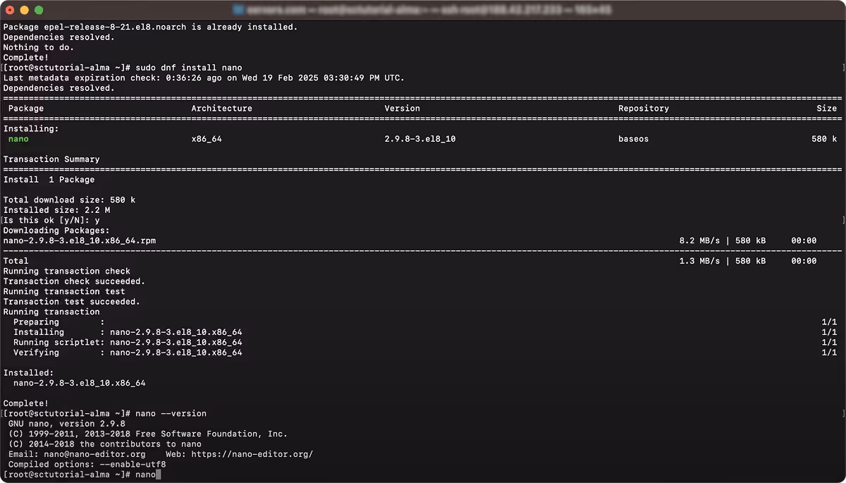installing nano text editor in Almalinux linux system