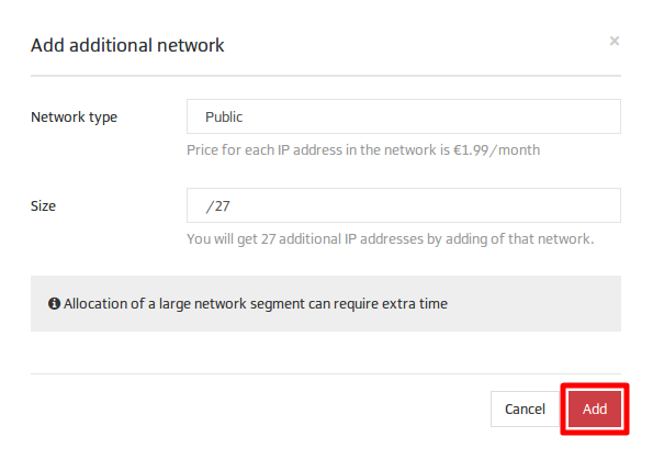Dialog box for adding an additional public network