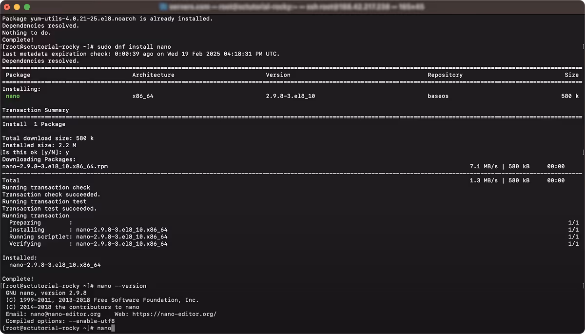 installing nano text editor in Rocky Linux system
