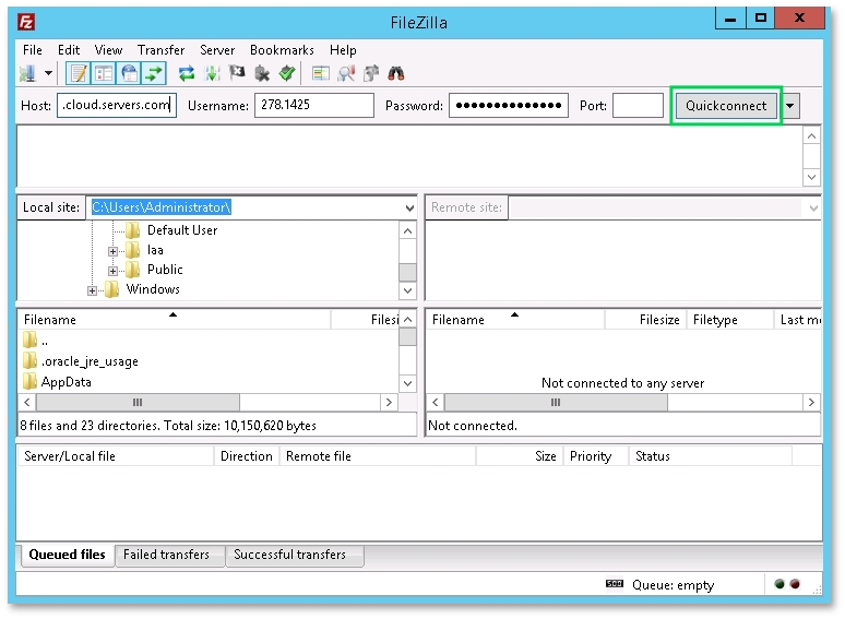 Enter the data in the FileZilla window and click QuickConnect