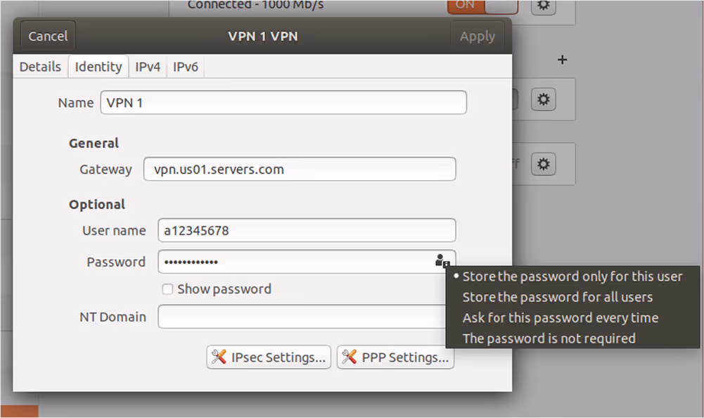 Update the VPN connection settings