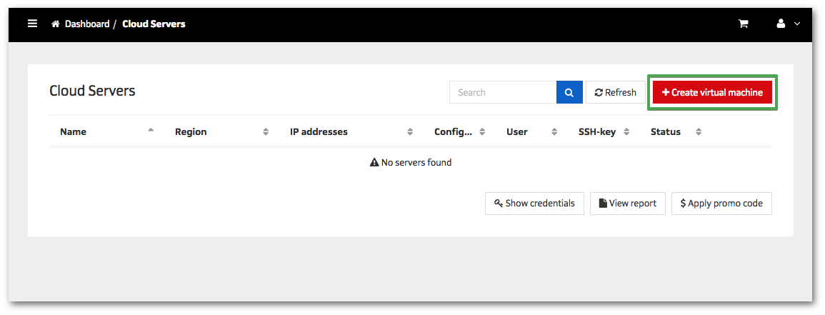 Cloud server management dashboard with 'create virtual machine' button