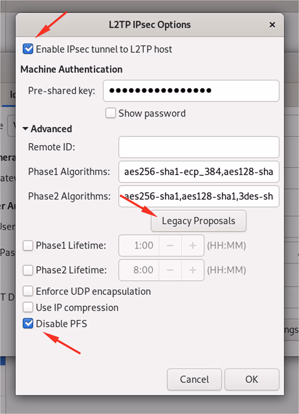 Update the IPsec settings