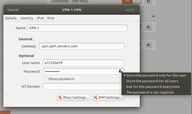In the VPN connection settings, enter VPN server, username and password which you have get in the Customer Portal earlier