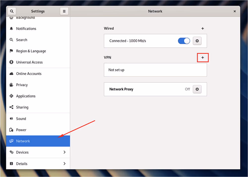 Choose network tab for a new VPN connection
