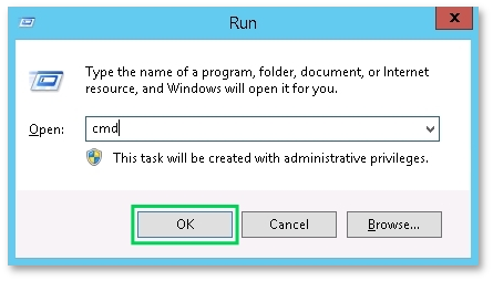 press the key combination Win + R. In the new window, type «cmd» and click «OK».