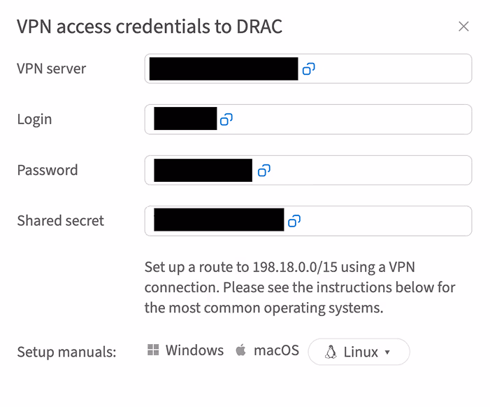 VPN access credentials to DRAC